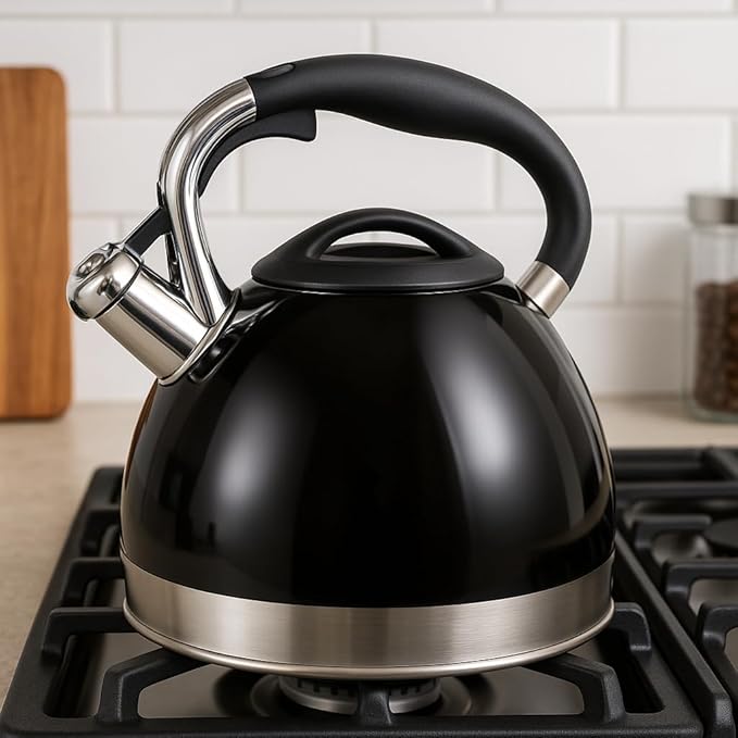 Creative Home 3.5 Quart Whistling Tea Kettle for Stovetop, Food Grade Stainless Steel Tea pot, Fast Boiling Water, Ergonomic Handle, for Gas & Induction, Black