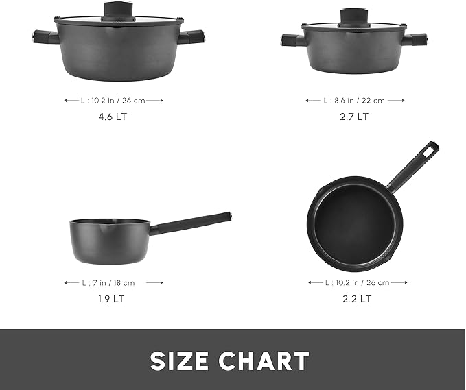 Karaca Swiss Crystal Ceramic Midnight Cookware Set - Non Stick Pots and Pans Set with Lid - PFAS-Free, Dishwasher Safe, Induction Hob Compatible Cookware, Black, 6 Piece