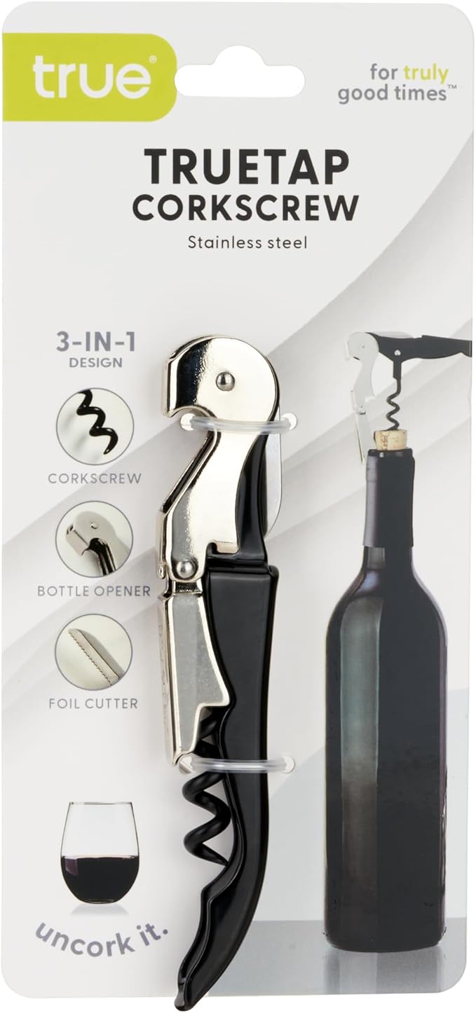 True Truetap Double Hinged Waiter's Corkscrew Wine Opener, Stainless Steel Wine Bottle Opener with Built In Foil Cutter, Home Bar Tools, Bar Cart Accessories, Wedding Gifts, Set of 1, Black