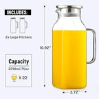 Netany 2 Pack 2.22 Liters/75 oz Square Glass Pitcher with Lid and Handle for Fridge, Iced Tea and Coffee Carafe Beverage Serveware, Heat Resistant Borosilicate Water Jug for Hot/Cold Drinks and Milk