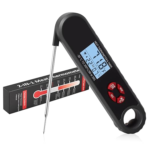 Meat Thermometer Digital with Countdown & Timer for Kitchen and Outside, Beef, BBQ, Turkey, Candy. with Foldable Probe - FDA-Compliant Chromium Content and Backlight