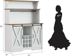 Farmhouse Coffee Bar Cabinet with 3 Tier Storage Hutch, 47'' Coffee Bar Station with Sliding Barn Door, Hutch Storage Cabinet with 9 Wine Racks & 9 Hooks for Kitchen Dining Living Room