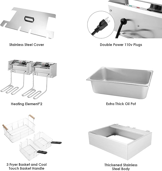 TANGME Commercial Deep Fryer, 3400w Electric Countertop Fryer with 3 Baskets, 22L/23.25Qt 1mm Thickened Stainless Steel Oil Fryer with Temperature Limiter for Restaurant, UL Certified