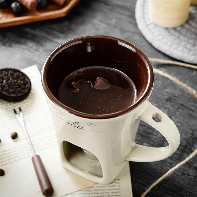 Chocolate Melting Mug With Candle, Ceramic Fondue Mug Meltie Cup, Melting Love Cup, Ideal Gifts For Christmas, Birthday, Wedding (White+Brown)
