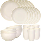 Quatish 24 Piece Plates and Bowls Sets for 6, Unbreakable Dinnerware Sets, Dish Set for Camping, Dishwasher Microwave Safe, Outdoor Kitchen and Apartment Dinning RV Essentials, Beige