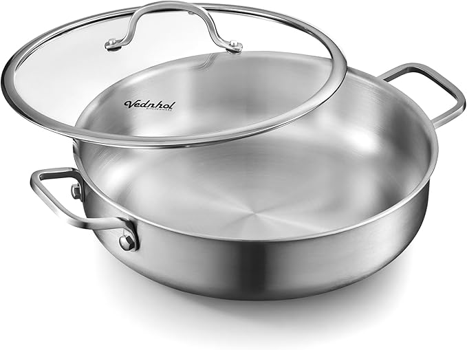 Saute Pan with Lid, 12 Inch 7QT Tri-Ply Stainless Steel Braiser Pan, Deep Frying Pan & Chef Skillet, Induction Compatible Cookware, Dishwasher & Oven Safe, Works on Gas and Ceramic Cooktops