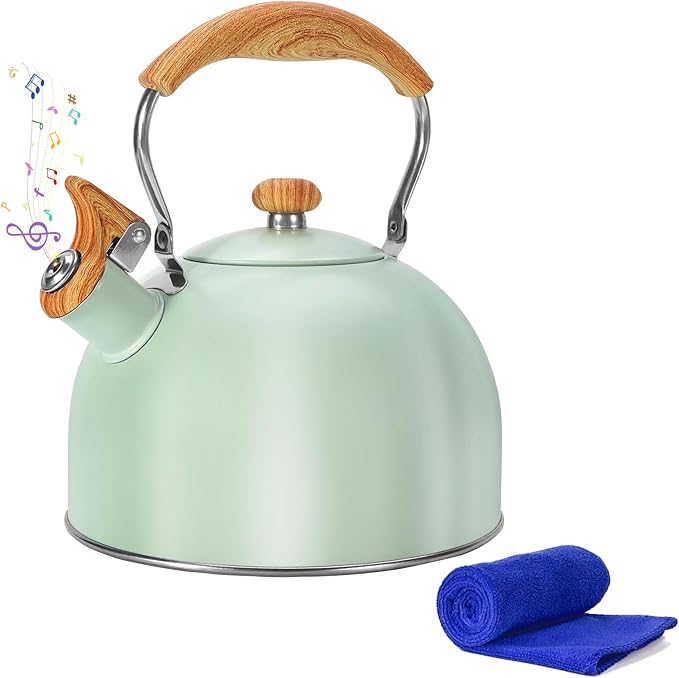Tea Kettle Stovetop, 2.6 Quart cute teapot,loud whistle kettle, Food Grade Stainless Steel with Fold wood grain handle, Mint Green,With Anti Scald Towel