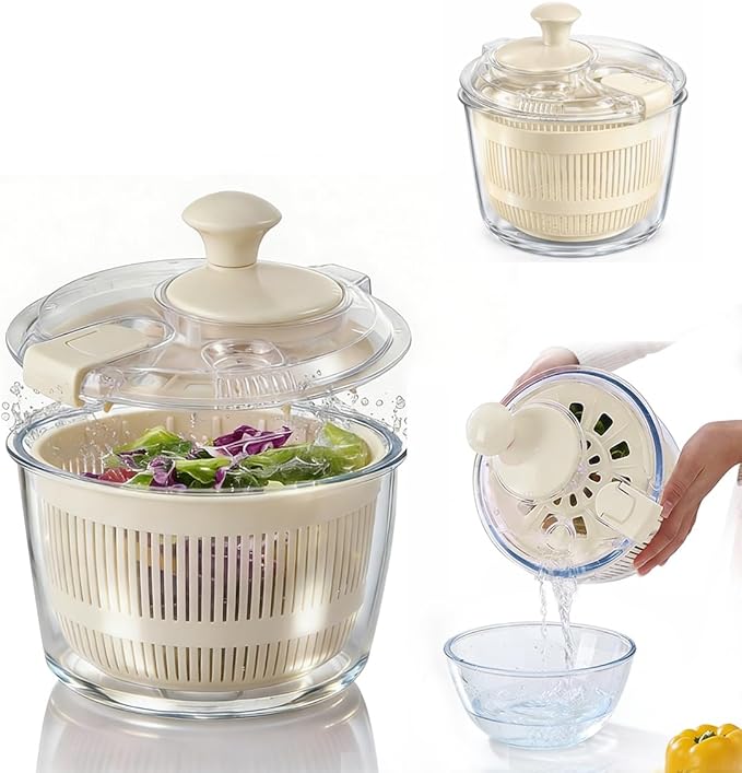 Good Girps 3.2 Qt Glass Salad Spinner Small Vegetable Dryer with Drain Microwave Safe Dishwasher Safe with Transparent Lid Crank Handle Quick Spin Greens Washer for Lettuce Herbs Fruits White