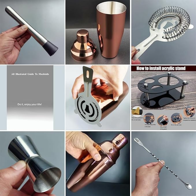Cocktail Shaker Bartender Kit: 5 Piece Bar Tool Set, Cocktail Shaker Set with Stand, Drink Mixing Includes Martini Shaker,Strainer,Jigger,Bar Mixer Spoon,Muddler ﻿ (Rose Gold, 750ml(25oz))