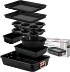 Stackable Nonstick Bakeware Set, 8 Piece Baking Pan Set, Oven Safe Carbon Steel, Includes Cookie Sheet, Muffin Pan, Loaf Pan & Roaster