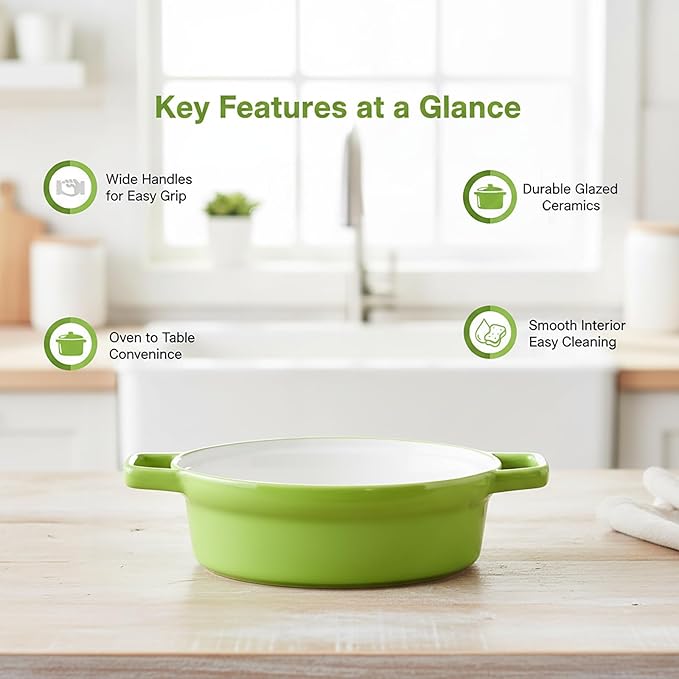 Oval Au Gratin Baking Dishes 6" x 5" for Oven Safe Cooking and Baking, Set of 4, 15 OZ Heat Resistant Ceramic Individual Gratin with Handles for Serving, Small Mini Casserole Dish, Green