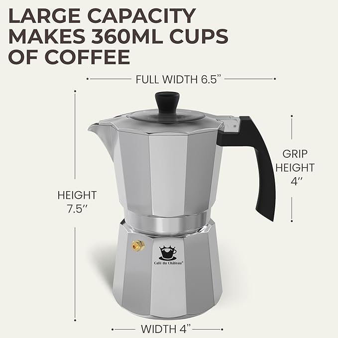 Cafe Du Chateau Moka Pot Espresso Maker - Makes 6 Espresso Cups - Stovetop Coffee Percolator with Clip Measuring Spoon - Ideal Cuban & Italian Coffee Maker