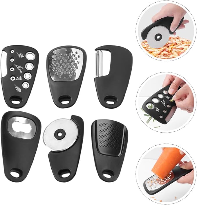Multi-functional Kitchen Gadget Set with Vegetable Peeler, Pizza Wheel, Bottle Opener, Garlic Grinder, and Fruit Peeler – Versatile Kitchen Tools for Cooking and Food Preparation