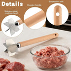 Stainless Steel Meat Chopper Masher with Potato Masher, 6 Blade Ground Beef Chopper Hamburger Smasher Tool with Wooden Handle, Kitchen Tool for Vegetables, Fruits, Beans, Meat