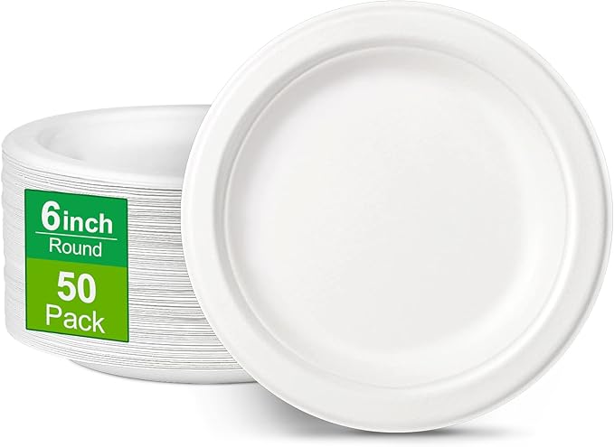Eco-Friendly Compostable Dessert Plates 6-Inch, White - 50 Count
