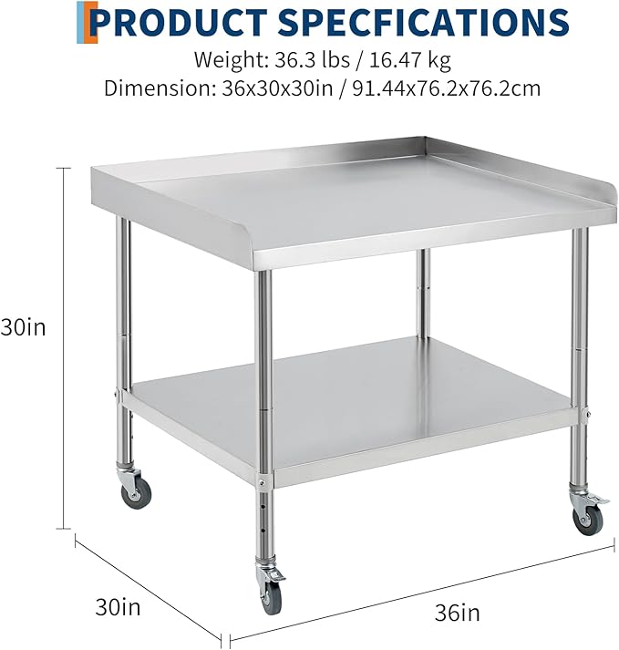 36x30x30 in Stainless Steel Equipment Grill Stand Table NSF Certified with 5 in Wheels, 400 LBS Capacity, 2 in Edge Baffle, for Hotel, Home, Commercial Restaurant Kitchen