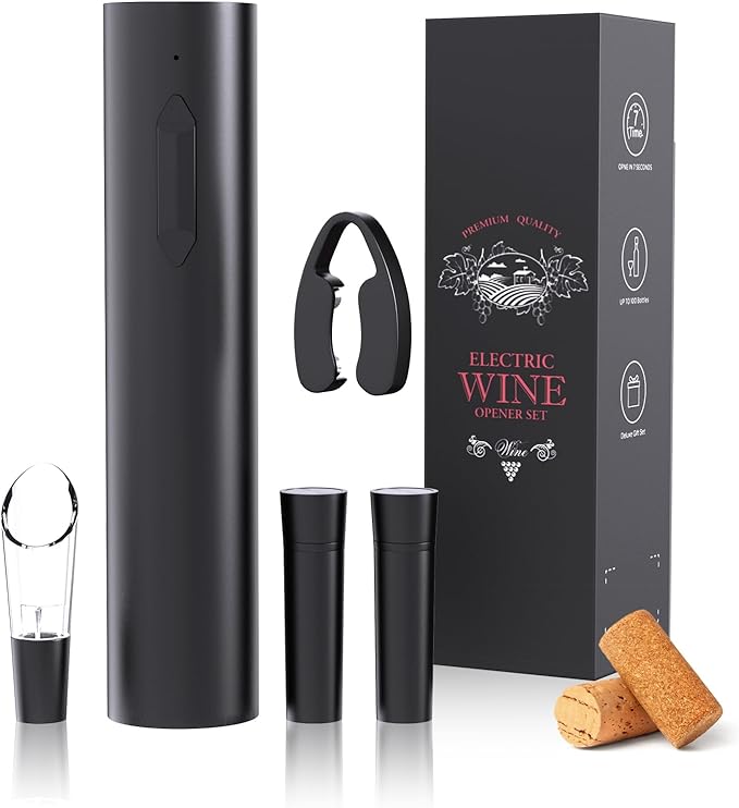 Electric Wine Opener, Rechargeable Wine Bottle Opener, Electric Corkscrew Wine Opener with Foil Cutter, Wine Pourer&Vacuum Stoppers, USB-C Charge Cable, Ideal Gift for House Warming Wedding Party