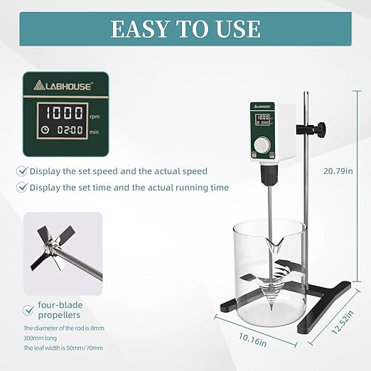 OS-15S Digital Overhead Stirrer 20L(H₂O) Lab Stirrer H-Base Stainless Steel Stand & 1 Stirring Paddle | 100-1500RPM,20000 mPas,Timing 1min-24h