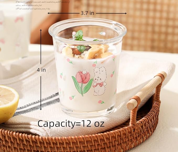 Set of 2 12 OZ French Drinking Glasses Floral Glass Coffee Cup Cute Tulip Rabbit Glass Cups for Iced Tea,Juice,Coffee,Latte,Milk,Dessert,Stackable Glassware Drinkware Set