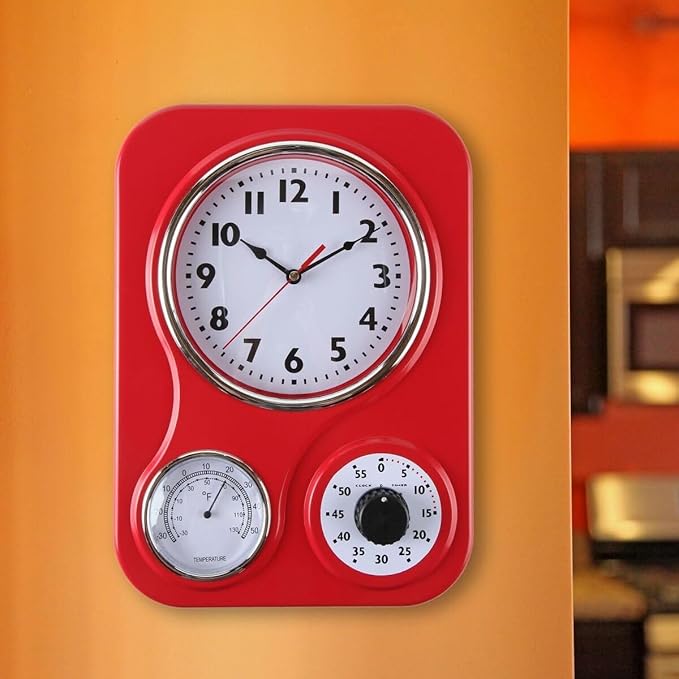 Lily's Home - 9.5 Inch x 12.5 Inch - Retro Kitchen Wall Clock, Vintage Wall Clock with a Thermometer and 60-Minute Timer, Ideal for Any Kitchen, Office, or Diner (Red)