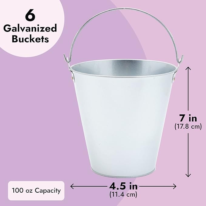 Juvale Metal Bucket - 6-Pack, 100 oz, 7 in Dia x 7.2 in H, Silver - Galvanized Buckets with Handles for Ice Tub & Beverage Tub