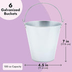 Juvale Metal Bucket - 6-Pack, 100 oz, 7 in Dia x 7.2 in H, Silver - Galvanized Buckets with Handles for Ice Tub & Beverage Tub