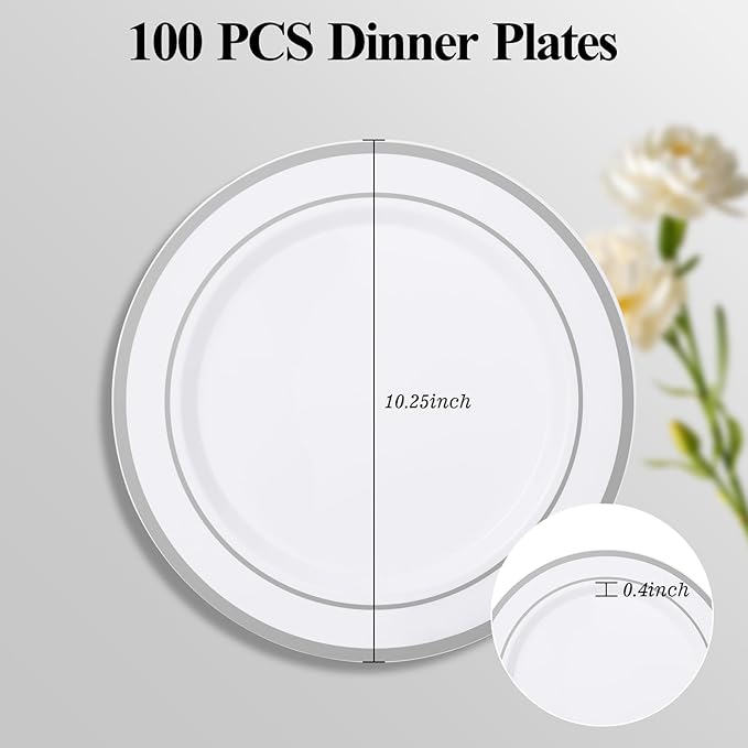 Goodluck 100PCS Silver Plastic Plates, 10.25 Inch Dinner Plate with Silver Rim, Heavy Duty Disposable Plastic Plates for Party, Wedding, Birthday & Daily Use