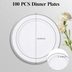Goodluck 100PCS Silver Plastic Plates, 10.25 Inch Dinner Plate with Silver Rim, Heavy Duty Disposable Plastic Plates for Party, Wedding, Birthday & Daily Use