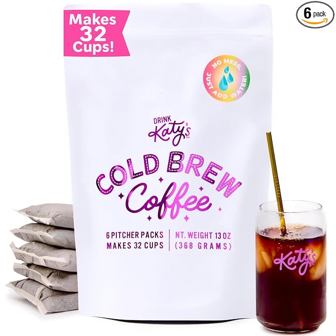 Katy’s Cold Brew Coffee Pitcher Packs | 6 Large Cold Brew Bags with Smooth, Bold Brazilian Coffee | Easy, Mess-Free Brewing in Any Container | No Straining Needed | 100% Woman-Owned | Makes 32 Cups