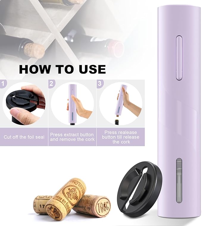 COKUNST Electric Wine Opener, Automatic Battery-Operated Corkscrew with Built-in Foil Cutter for Party Home Kitchen Wedding Purple