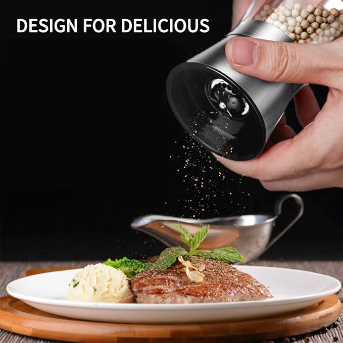 Mincham Manual Salt or Pepper Grinder for Professional Chef, Best Spice Mill with Stainless Steel Cap, Ceramic Blades and Adjustable Coarseness, Refillable Glass Body with 6OZ Capacity