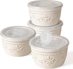Artena Ramekins with Lids, Creme Brulee Ramekins Oven Safe, Ceramic Pudding Cups, Souffle Cups, Custard Cups, Dipping Sauce Cups, Food Storage Containers with Lids, Set of 4 (Damask Floral, 4 oz)