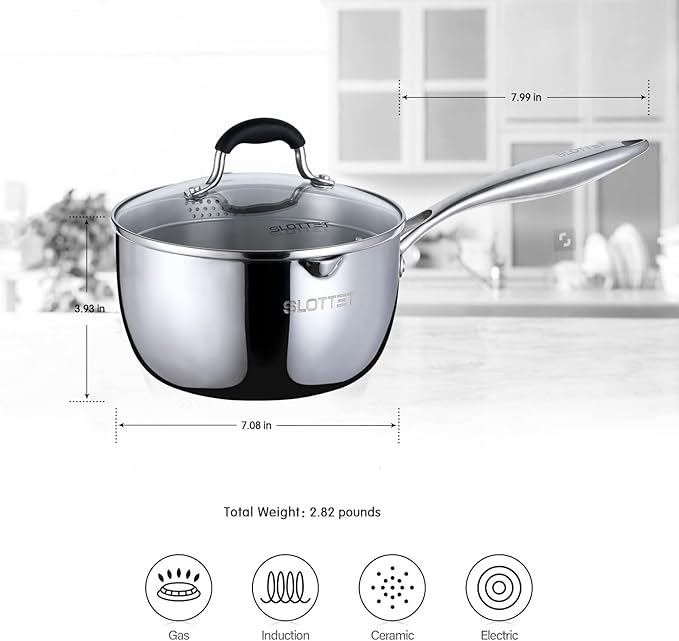 SLOTTET Tri-Ply Whole-Clad Stainless Steel Sauce Pan with Pour Spout,1.5 Quart Small Multipurpose Pasta Pot with Strainer Glass Lid, Saucepan for Cooking with Stay-cool Handle.