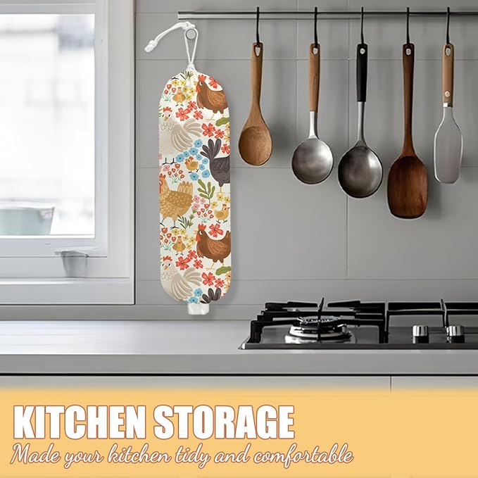 Chicken Plastic Bag Holder, Wall Mount Grocery Bag Holder, Plastic Storage bag, Pull Rope Free Adjustment, Plastic Bag Holders for Grocery Bags, Plastic Bag Dispenser for Home Kitchen