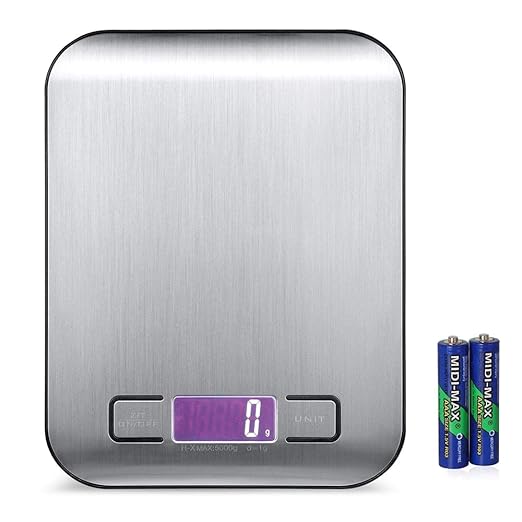 Digital Kitchen Scale,Food Scale for Meat Baking Weighter,Unit Gram OZ lb Up 11 lb(1g-5KG),Silver Stainless Steel Anti-Fingerprint with Accuracy LCD Display for Cooking Black(Include AAA Battery)