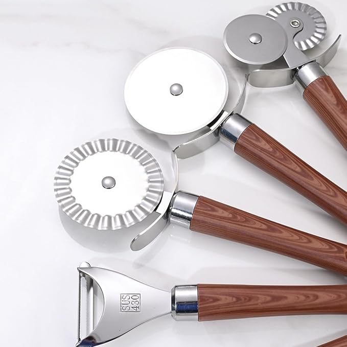 9-Piece Kitchen Tools and Gadgets Set with Wood Imitation Handle BRIIEC Stainless Steel Cooking Utensils Kitchen Accessories Includes Can Opener Garlic Press Peeler