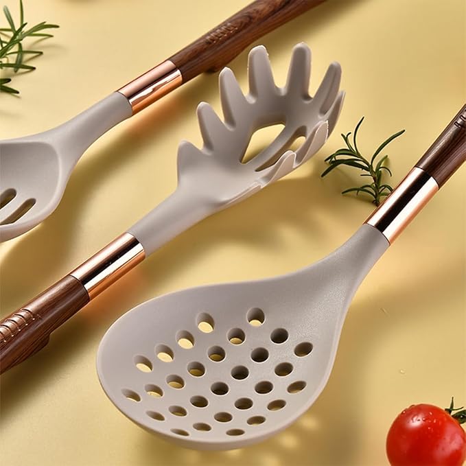 Kitchen Utensils Set,Cooking Utensils Set,Kitchen Utensils Set with Stand, 7pcs Silicone Cooking Utensils, Nonstick Pasta Spoons Skimmer Spatula Baking Kitchen Tools Gadgets(Khaki)