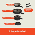bella 8 Piece Removable Handle Cookware Set, Fits-anywhere™ Kitchenware w EverGood™ Ceramic Nonstick Coating, Dishwasher & Oven Safe, All Stovetops Compatible, Glass Lids with Silicone Rims, Black