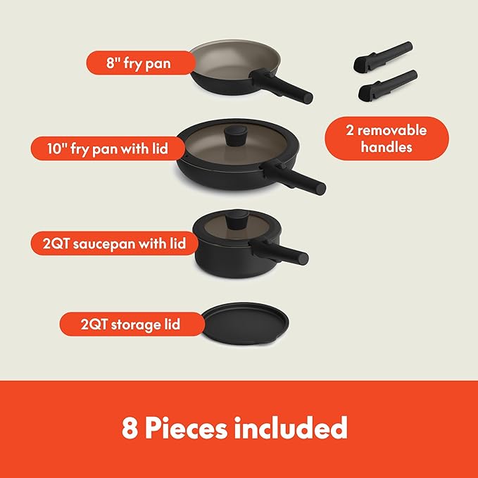 bella 8 Piece Removable Handle Cookware Set, Fits-anywhere™ Kitchenware w EverGood™ Ceramic Nonstick Coating, Dishwasher & Oven Safe, All Stovetops Compatible, Glass Lids with Silicone Rims, Black