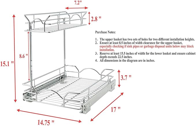 OCG Under Sink Cabinet Organizer Two Tier Pull Out Shelf (14.75W x 21D), Under Sink Sliding Shelf for Kitchen Bathroom Cabinet 2 Tier Chrome