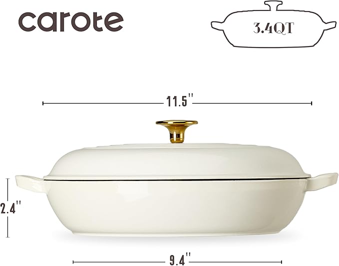 CAROTE 3.4QT Enameled Cast Iron Braiser Pan, Shallow Dutch Oven Casserole Skillets, Non-Toxic Cast Iron Pot with Lid for Grilling, Searing, Baking, Dual Handles, All Stovetop Compatible, White