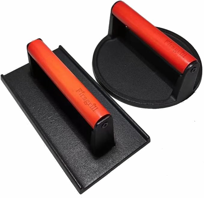 Firsgrill Burger Press 6.6" Round Heavy-Duty Cast Iron Smash Meat Steak with Wood Handle for Blackstone Weber Treager Griddle Grills (YPX) (Flate 6.5" Round & 4.3X8.3 Rectangle)