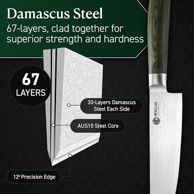 HexClad Chef's Knife, 8-Inch Japanese Damascus Stainless Steel Blade, Pakkawood Handle
