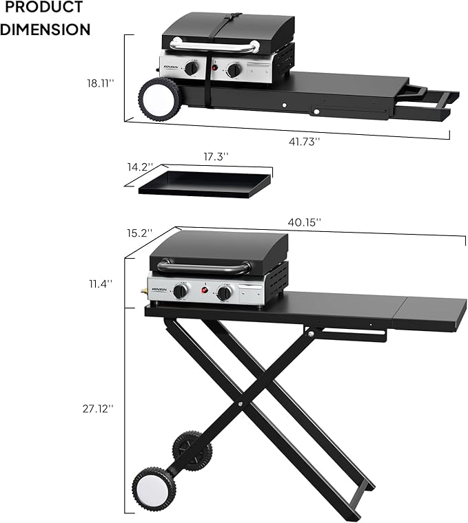 ROVSUN 2 Burner Foldable Propane Griddle with Wheels, Enameled Tray & Lid, 20000 BTU Portable Rolling Flat Top Gas Grill with Electronic Ignition & Regulator for Outdoor Cooking Camping BBQ Tailgating