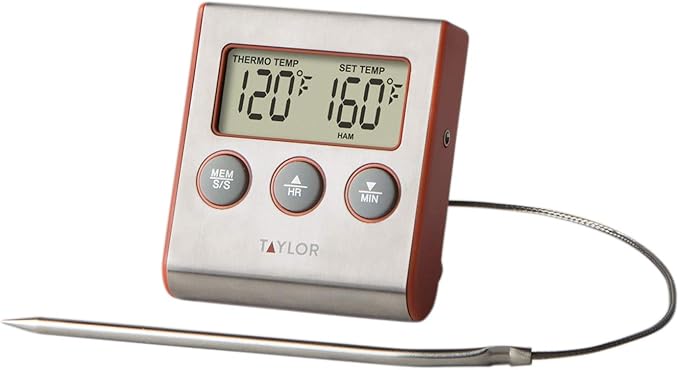 Taylor Instant Read Wired Probe Digital Meat Food Grill BBQ Cooking Kitchen Thermometer with Timer Alarm, Red