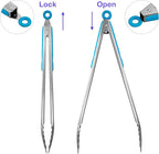 304 Stainless Steel Kitchen Cooking Tongs, 14" and 16" Set of 2 Sturdy Grilling Barbeque Brushed Locking Food Tongs with Ergonomic Grip, Blue