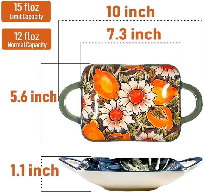 Ceramic Small Baking Dishes Set of 2 Rectangular Casserole Dish with Handles 12 oz Mini Bakeware for Oven to Table Appetizers Dips Snacks Dessert Gratin Dishes Serving Plates Two Different Patterns