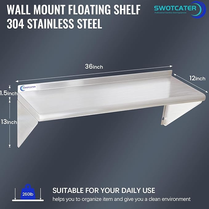 2 Pack Stainless Steel Shelf 12"x36" 280LB, Commercial Wall Mounted Metal Shelving for Home Kitchen, Restaurant