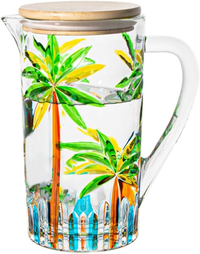 Tropical Summer Glass Jug Caribbean Mix Rum Punch Coconut Tree Pool Party Colorful Design Tiki Bar Engraved Jugs To Pour Into Drinking Glasses Margarita Mojito Martini Whiskey Sour Beach Water Palm
