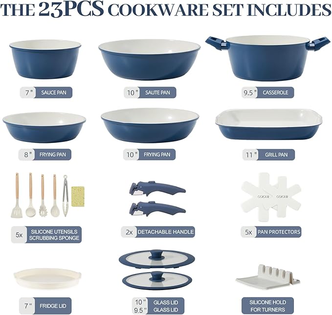 23Pcs Ceramic Cookware Set Non Stick Pots and Pans Set Non Toxic with Detachable Handle Induction Kitchen Cookware Set Space Saving, Oven & Dishwasher Safe, Navy Blue